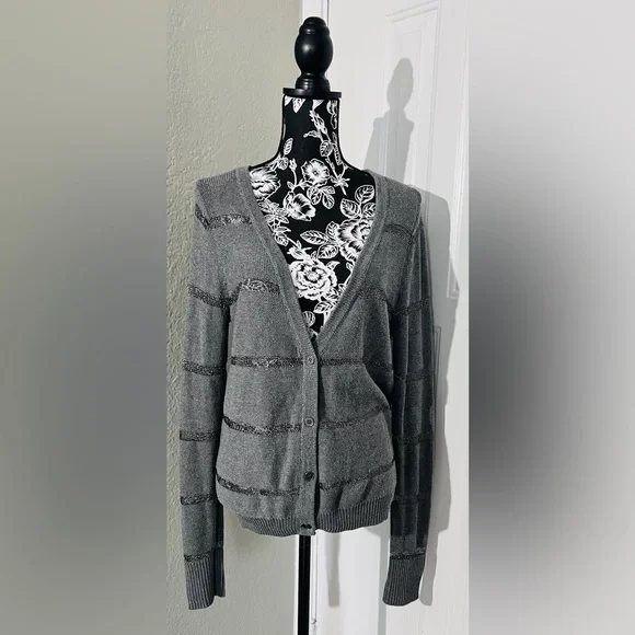 LOFT Sweater sheer silver metallic stripe V neck Size L NWOT - Picture 1 of 8